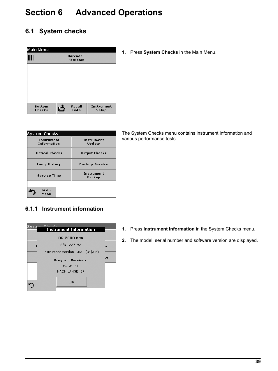 Section 6 advanced operations, 1 system checks, 1 instrument information | Hach-Lange DR2800 eco User Manual | Page 39 / 64