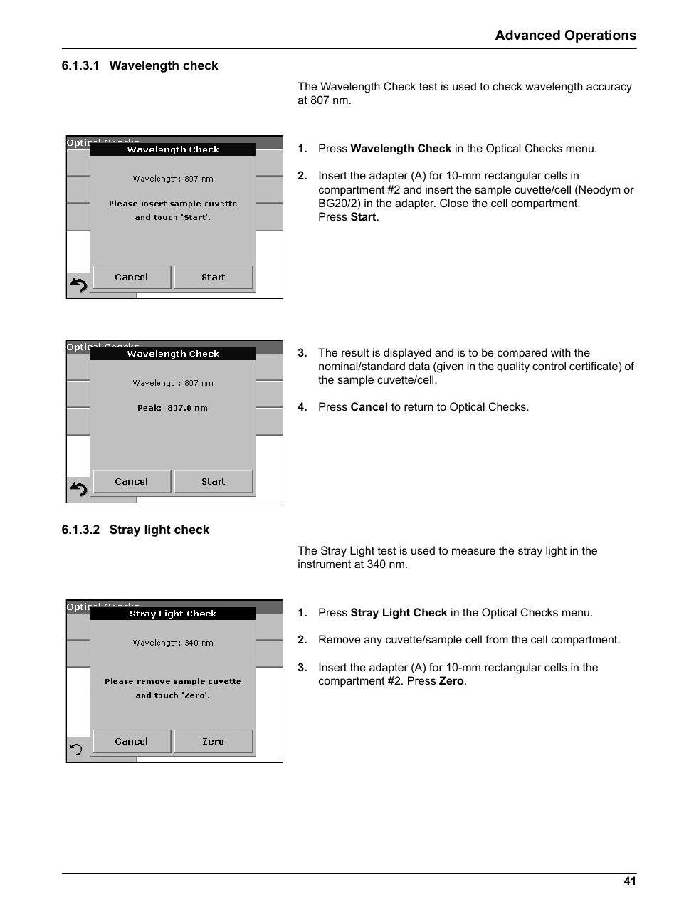 1 wavelength check, 2 stray light check, 1 wavelength check 6.1.3.2 stray light check | Advanced operations | Hach-Lange DR2800 eco User Manual | Page 41 / 64