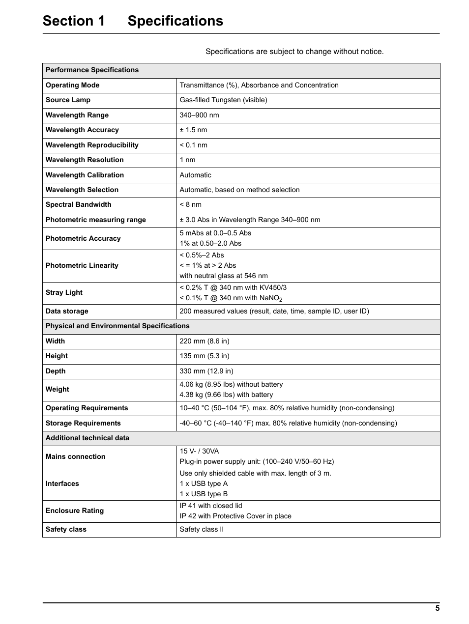 Section 1 specifications | Hach-Lange DR2800 eco User Manual | Page 5 / 64