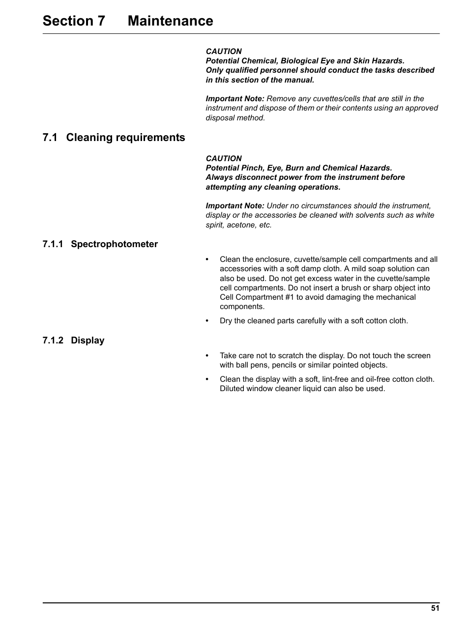 Section 7 maintenance, 1 cleaning requirements, 1 spectrophotometer | 2 display, 1 spectrophotometer 7.1.2 display | Hach-Lange DR2800 eco User Manual | Page 51 / 64