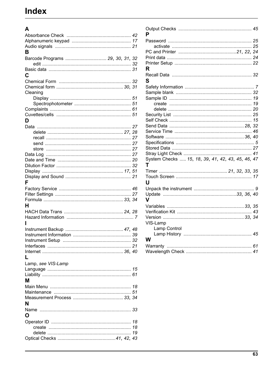 Index | Hach-Lange DR2800 eco User Manual | Page 63 / 64