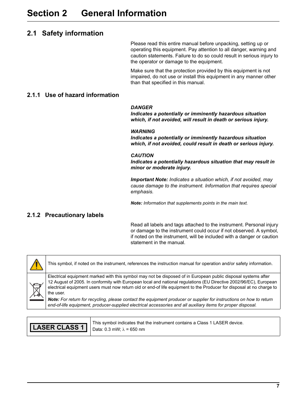 Section 2 general information, 1 safety information, 1 use of hazard information | 2 precautionary labels | Hach-Lange DR2800 eco User Manual | Page 7 / 64