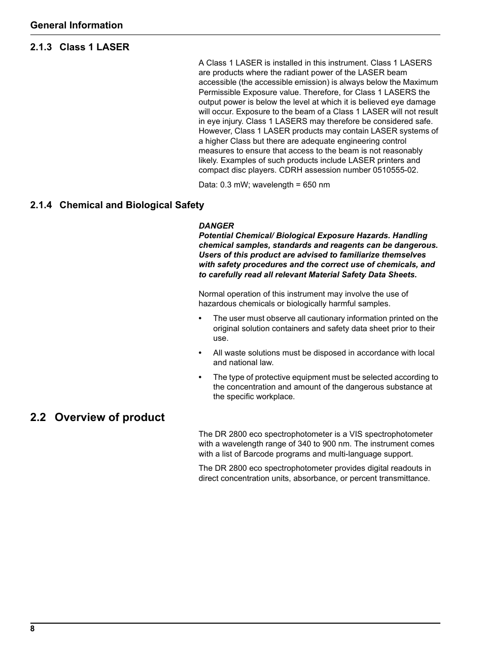 3 class 1 laser, 4 chemical and biological safety, 2 overview of product | Hach-Lange DR2800 eco User Manual | Page 8 / 64