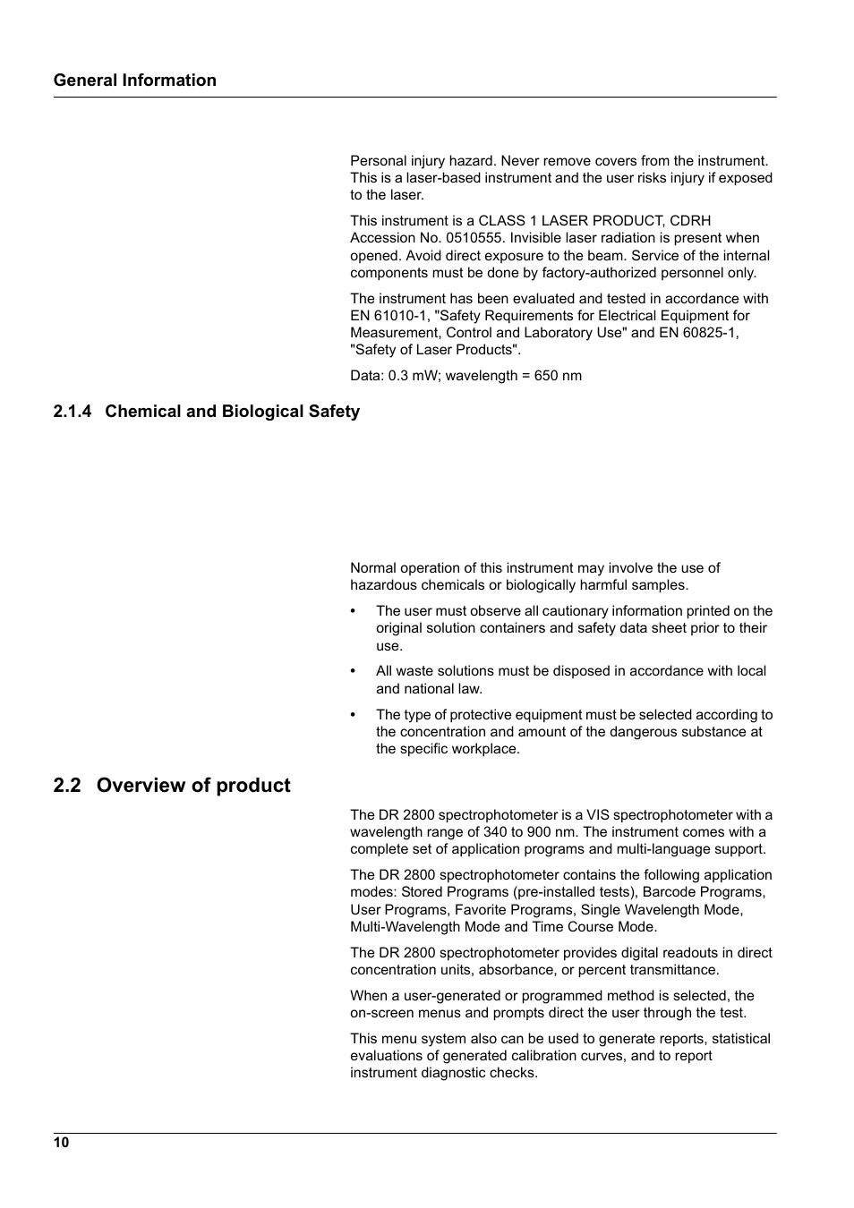 4 chemical and biological safety, 2 overview of product | Hach-Lange DR2800 eco User Manual | Page 10 / 130