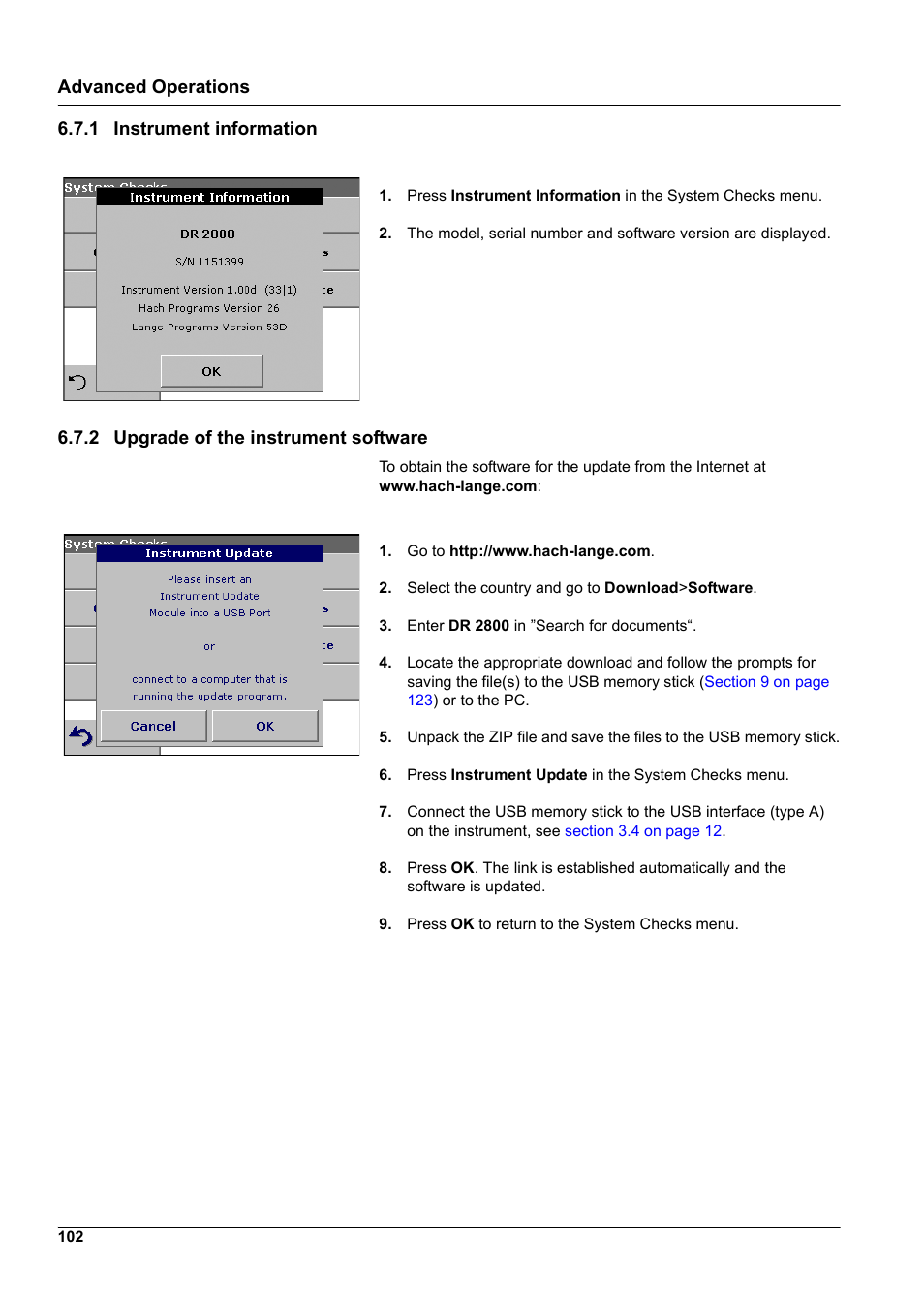1 instrument information, 2 upgrade of the instrument software, Advanced operations 6.7.1 instrument information | Hach-Lange DR2800 eco User Manual | Page 102 / 130