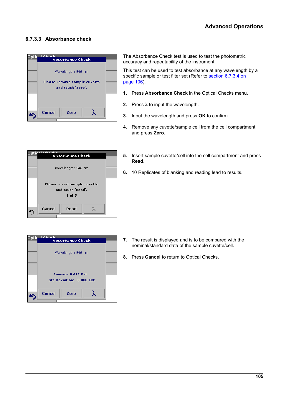 3 absorbance check, Advanced operations | Hach-Lange DR2800 eco User Manual | Page 105 / 130