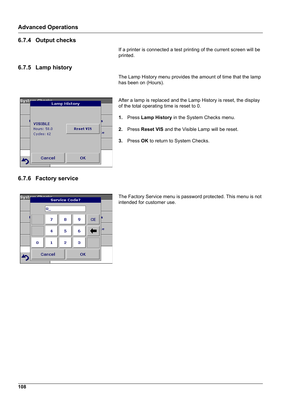 4 output checks, 5 lamp history, 6 factory service | Hach-Lange DR2800 eco User Manual | Page 108 / 130