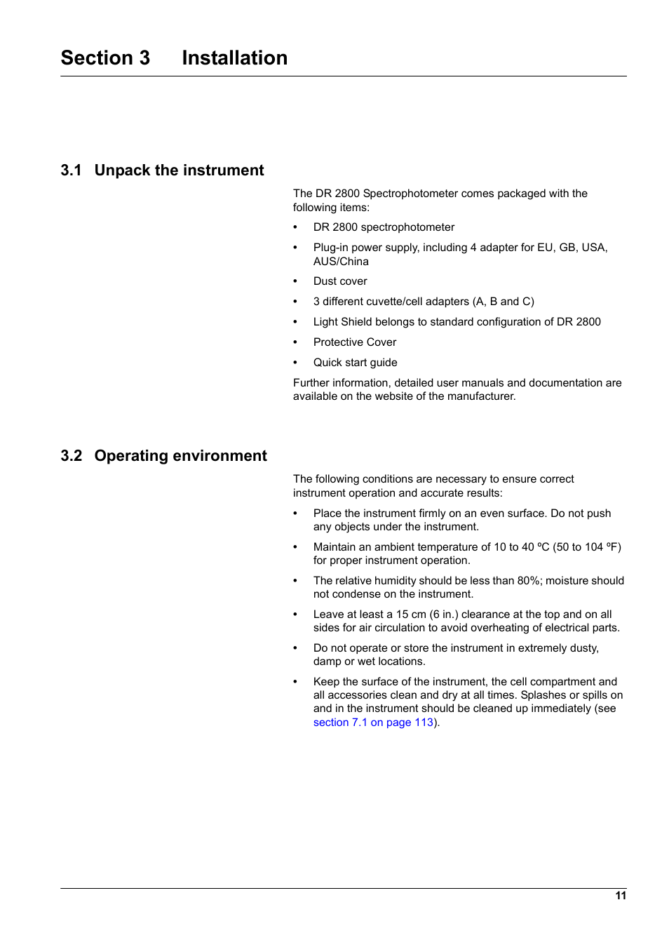 Section 3 installation, 1 unpack the instrument, 2 operating environment | 1 unpack the instrument 3.2 operating environment | Hach-Lange DR2800 eco User Manual | Page 11 / 130