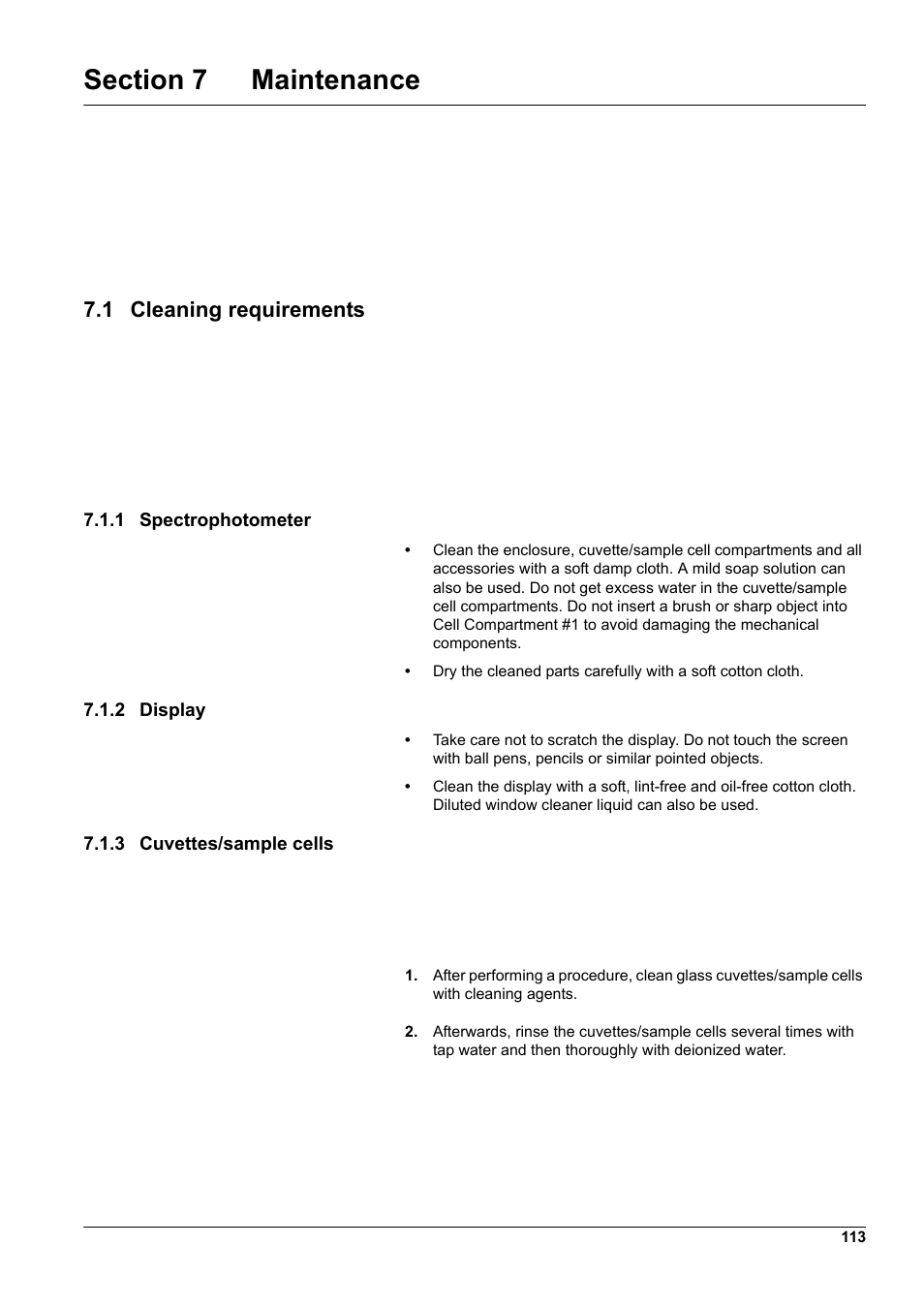 Section 7 maintenance, 1 cleaning requirements, 1 spectrophotometer | 2 display, 3 cuvettes/sample cells | Hach-Lange DR2800 eco User Manual | Page 113 / 130