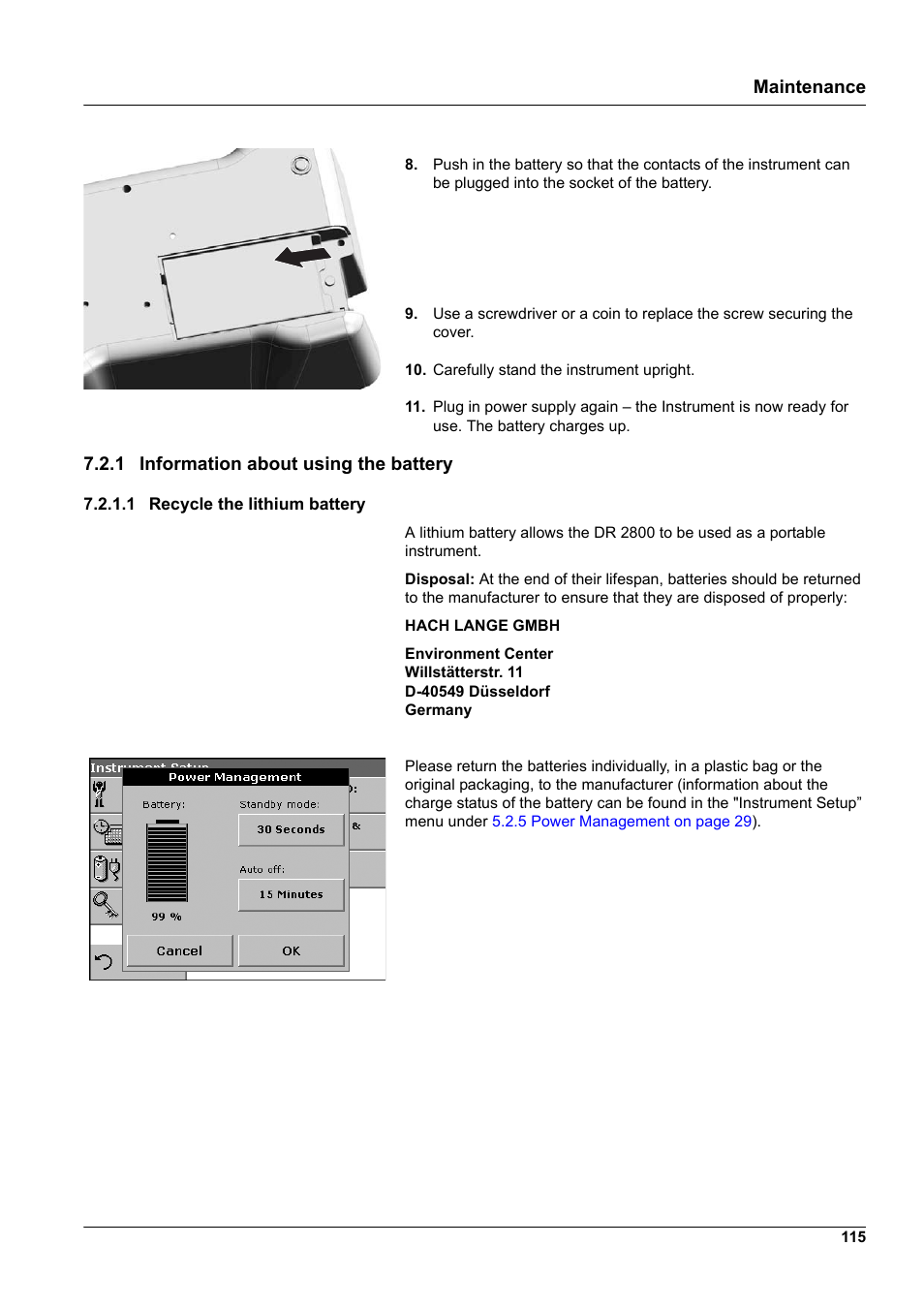 1 information about using the battery, 1 recycle the lithium battery, Maintenance | Hach-Lange DR2800 eco User Manual | Page 115 / 130
