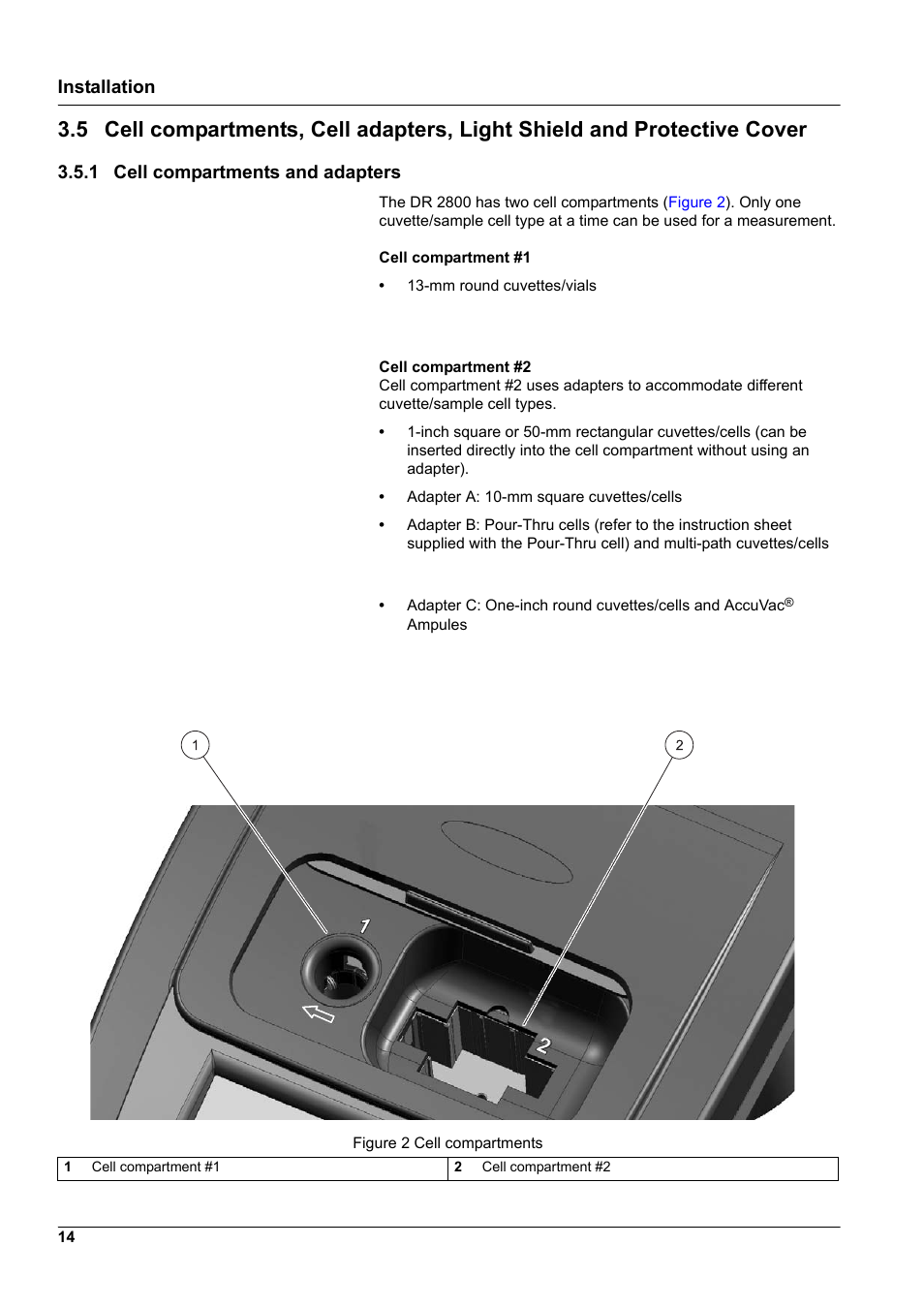 1 cell compartments and adapters, Installation | Hach-Lange DR2800 eco User Manual | Page 14 / 130