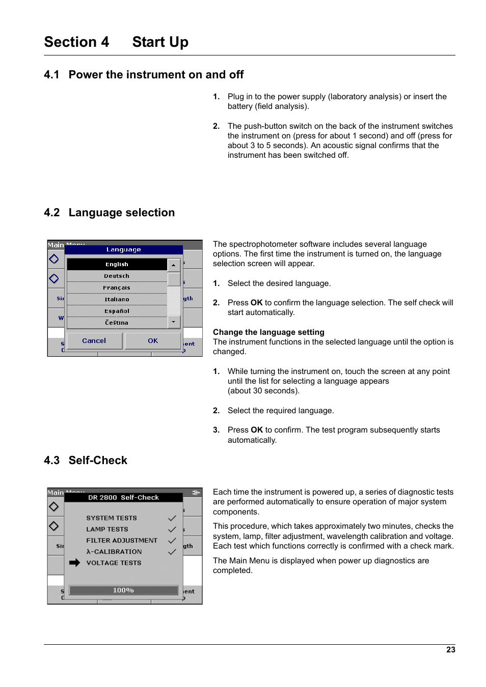 Section 4 start up, 1 power the instrument on and off, 2 language selection | 3 self-check | Hach-Lange DR2800 eco User Manual | Page 23 / 130