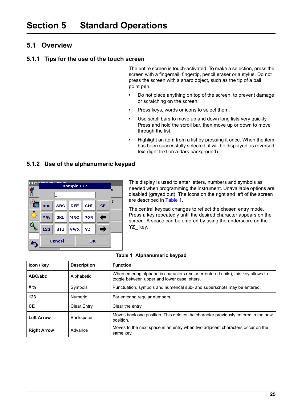 Section 5 standard operations, 1 overview, 1 tips for the use of the touch screen | 2 use of the alphanumeric keypad | Hach-Lange DR2800 eco User Manual | Page 25 / 130