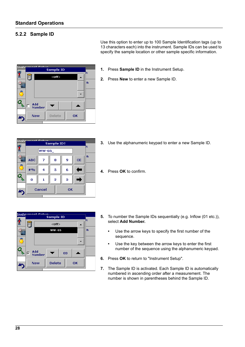 2 sample id, Standard operations 5.2.2 sample id | Hach-Lange DR2800 eco User Manual | Page 28 / 130