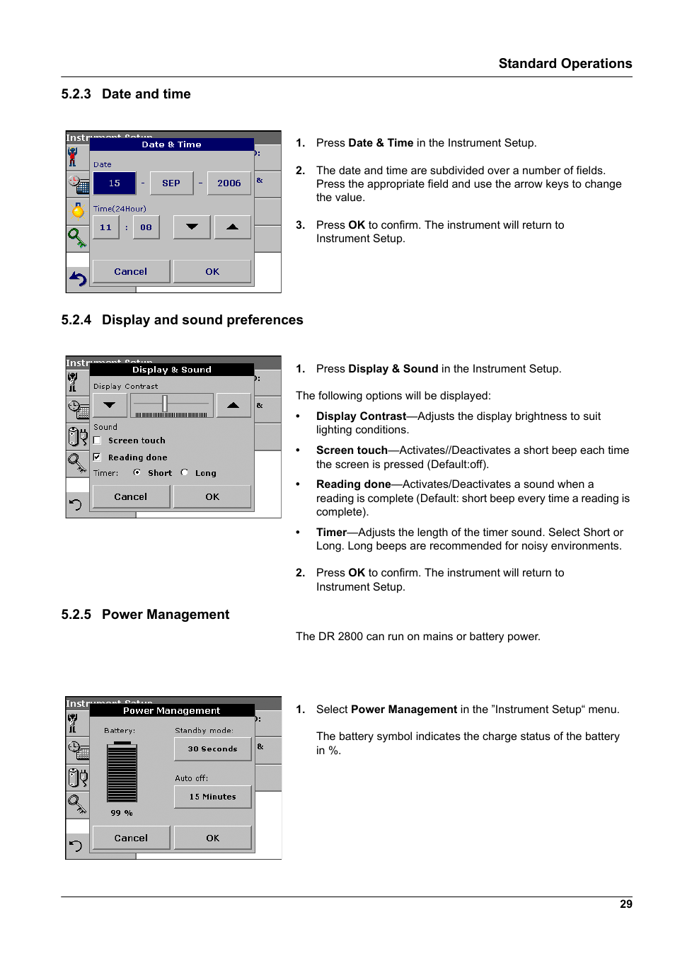 3 date and time, 4 display and sound preferences, 5 power management | Standard operations 5.2.3 date and time | Hach-Lange DR2800 eco User Manual | Page 29 / 130