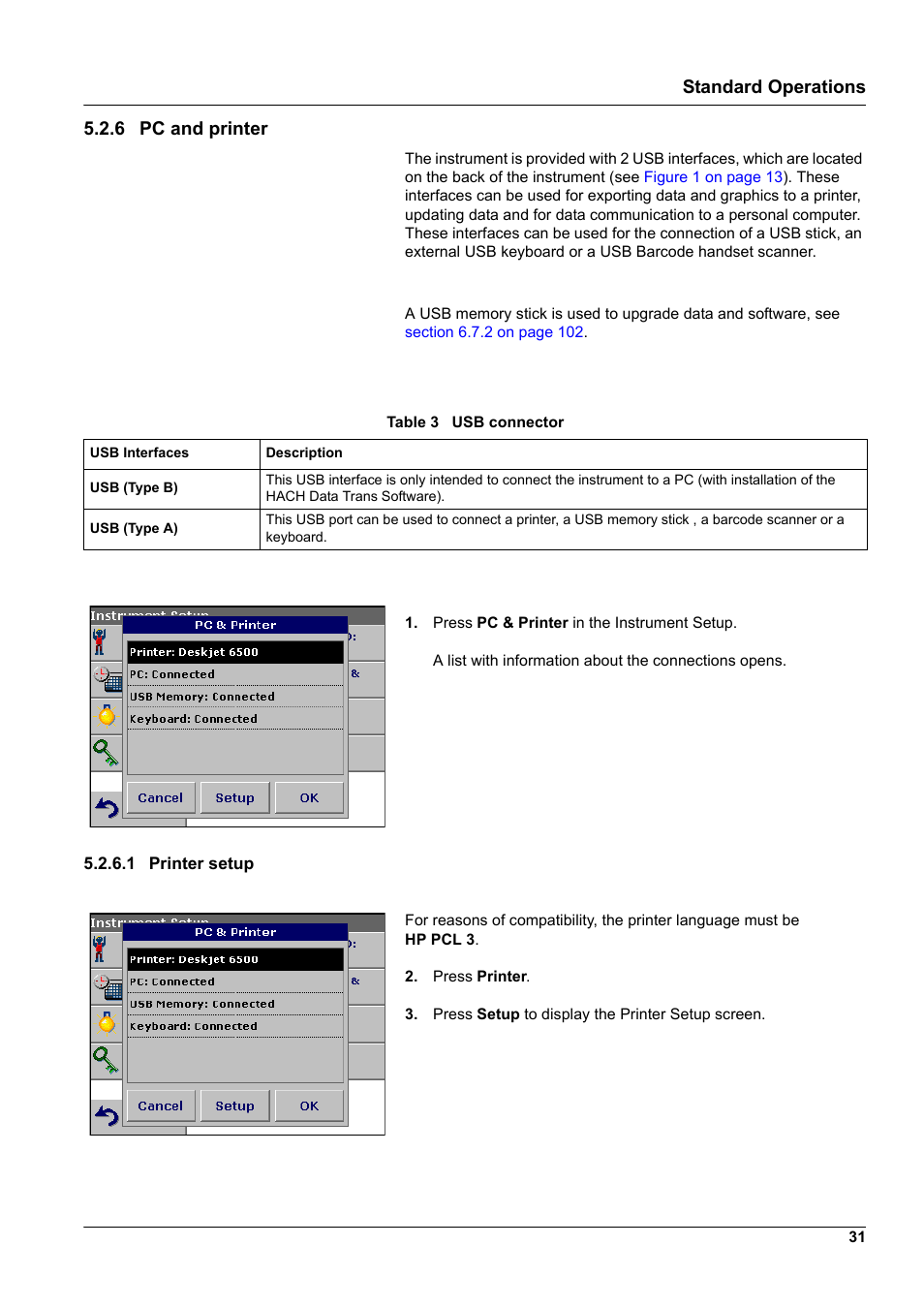 6 pc and printer, 1 printer setup, Standard operations 5.2.6 pc and printer | Hach-Lange DR2800 eco User Manual | Page 31 / 130