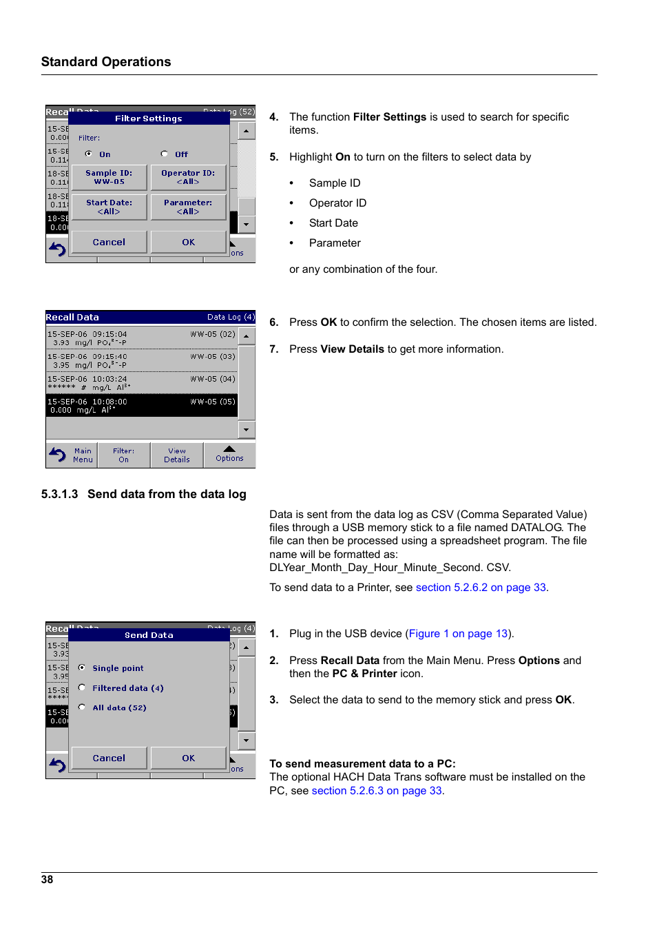 3 send data from the data log, Standard operations | Hach-Lange DR2800 eco User Manual | Page 38 / 130
