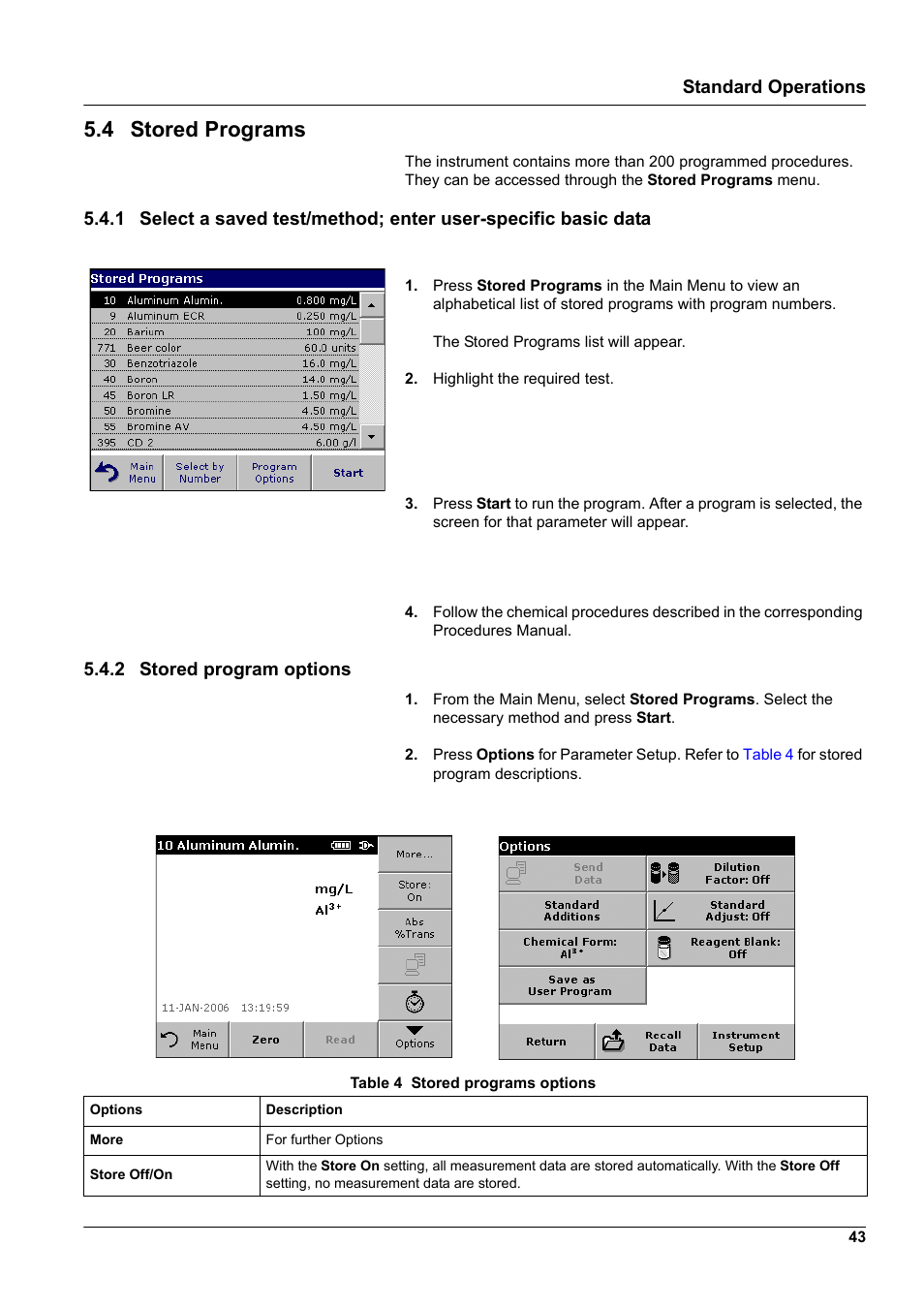 4 stored programs, 2 stored program options, Standard operations | Hach-Lange DR2800 eco User Manual | Page 43 / 130