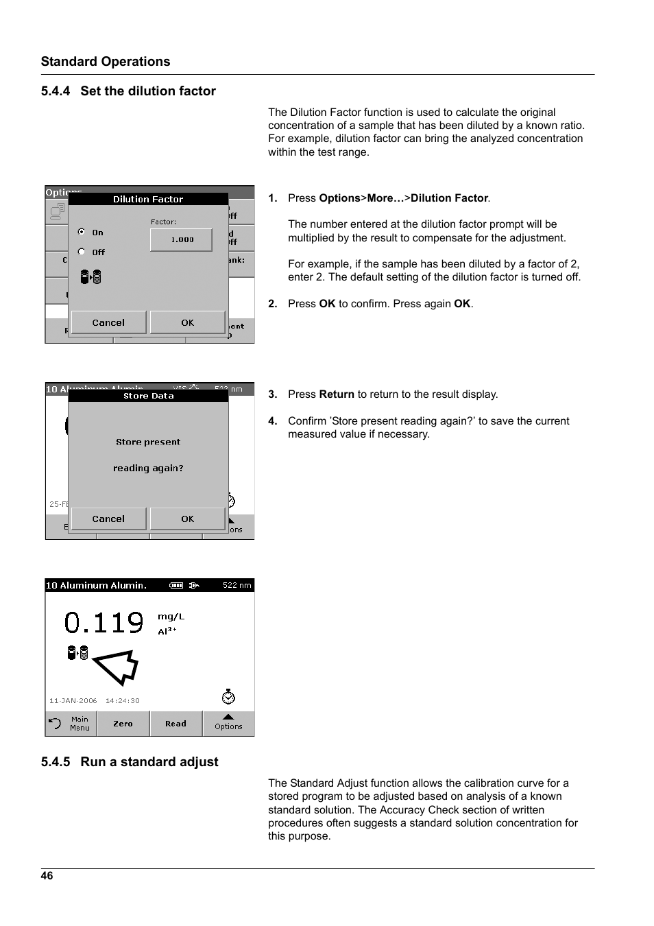 4 set the dilution factor, 5 run a standard adjust | Hach-Lange DR2800 eco User Manual | Page 46 / 130