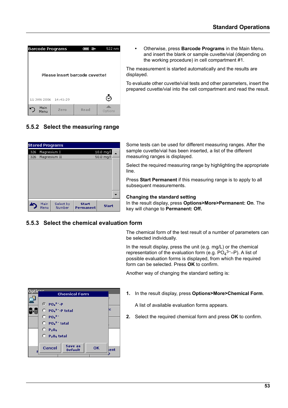 2 select the measuring range, 3 select the chemical evaluation form, Standard operations | Hach-Lange DR2800 eco User Manual | Page 53 / 130