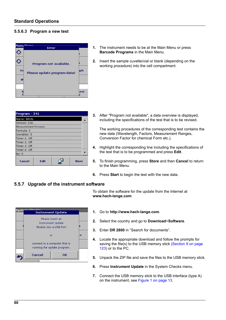 3 program a new test, 7 upgrade of the instrument software, Standard operations | Hach-Lange DR2800 eco User Manual | Page 60 / 130