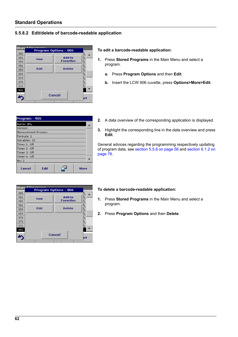 2 edit/delete of barcode-readable application, Standard operations | Hach-Lange DR2800 eco User Manual | Page 62 / 130