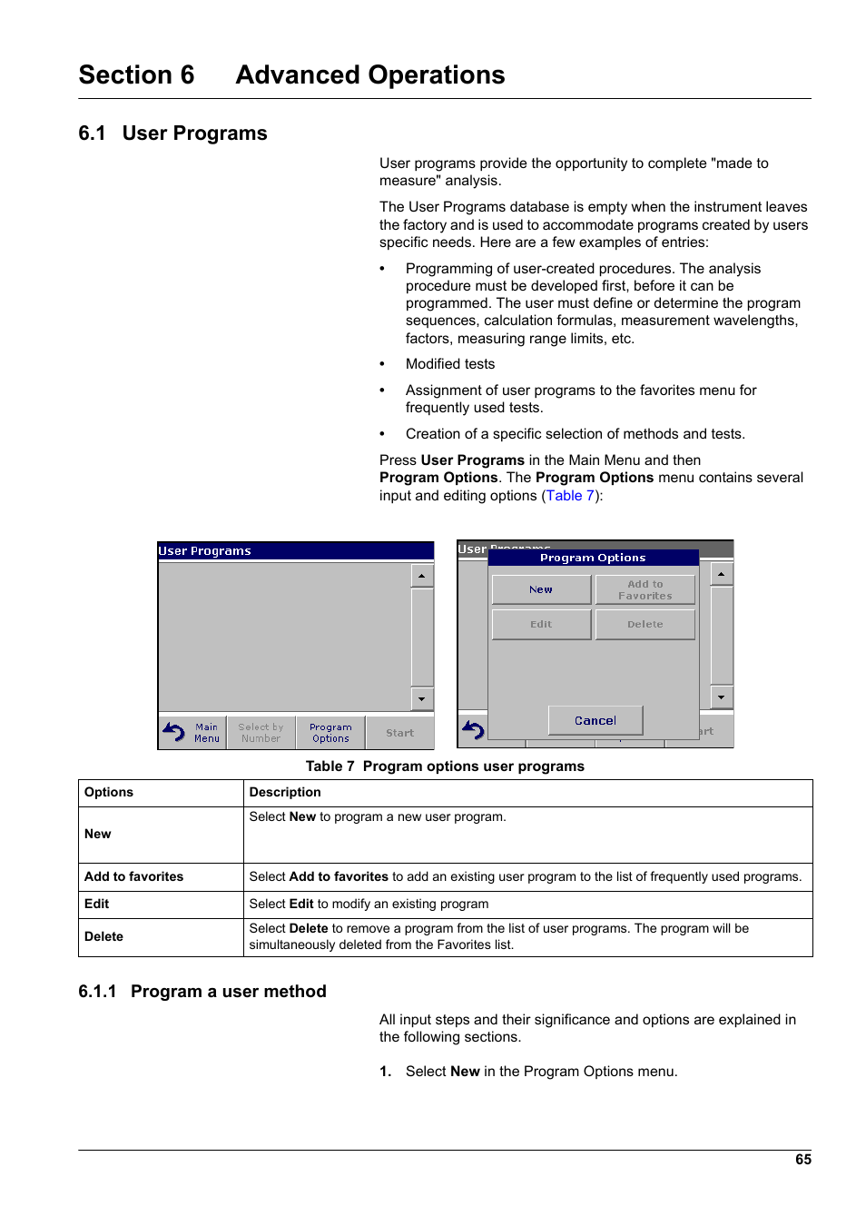 Section 6 advanced operations, 1 user programs, 1 program a user method | Hach-Lange DR2800 eco User Manual | Page 65 / 130