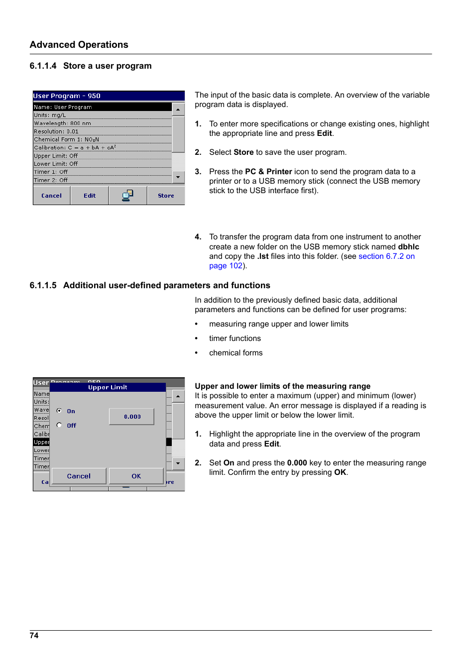 4 store a user program, 5 additional user-defined parameters and functions, Advanced operations | Hach-Lange DR2800 eco User Manual | Page 74 / 130