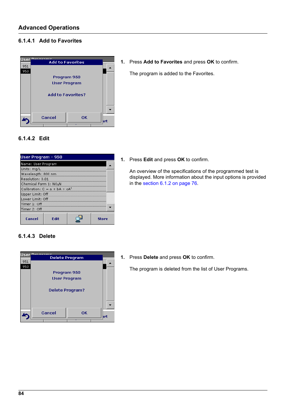1 add to favorites, 2 edit, 3 delete | 1 add to favorites 6.1.4.2 edit 6.1.4.3 delete | Hach-Lange DR2800 eco User Manual | Page 84 / 130