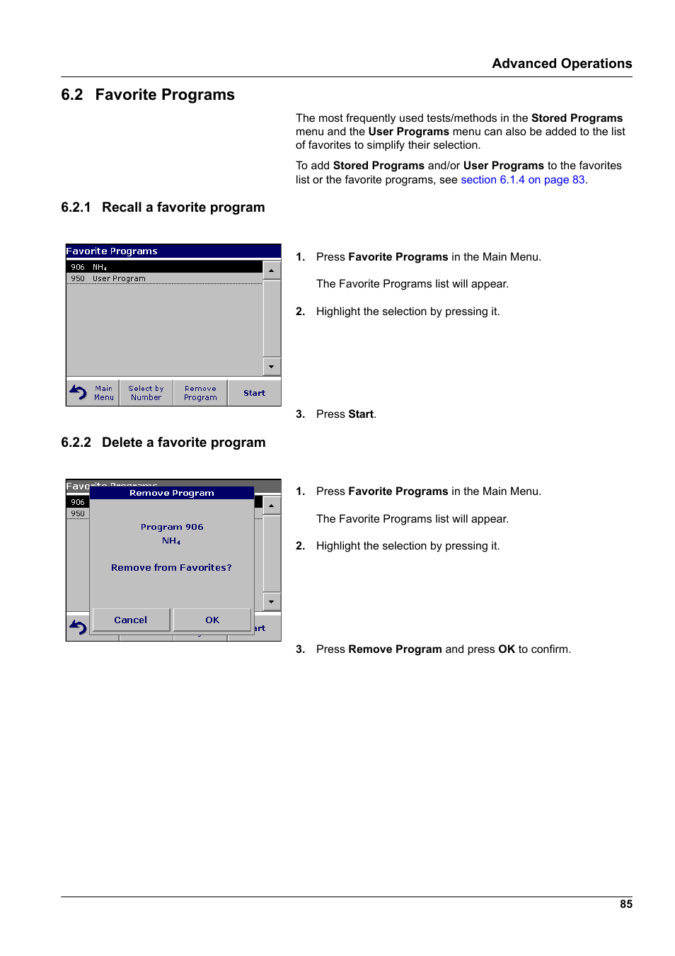 2 favorite programs, 1 recall a favorite program, 2 delete a favorite program | Hach-Lange DR2800 eco User Manual | Page 85 / 130