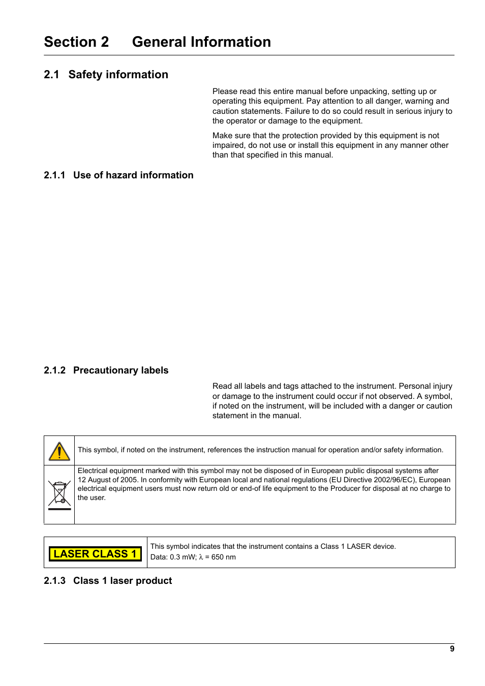 Section 2 general information, 1 safety information, 1 use of hazard information | 2 precautionary labels, 3 class 1 laser product | Hach-Lange DR2800 eco User Manual | Page 9 / 130