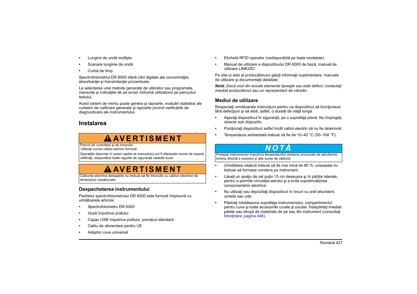 N o t ă | Hach-Lange DR 6000 Basic User Manual User Manual | Page 427 / 618