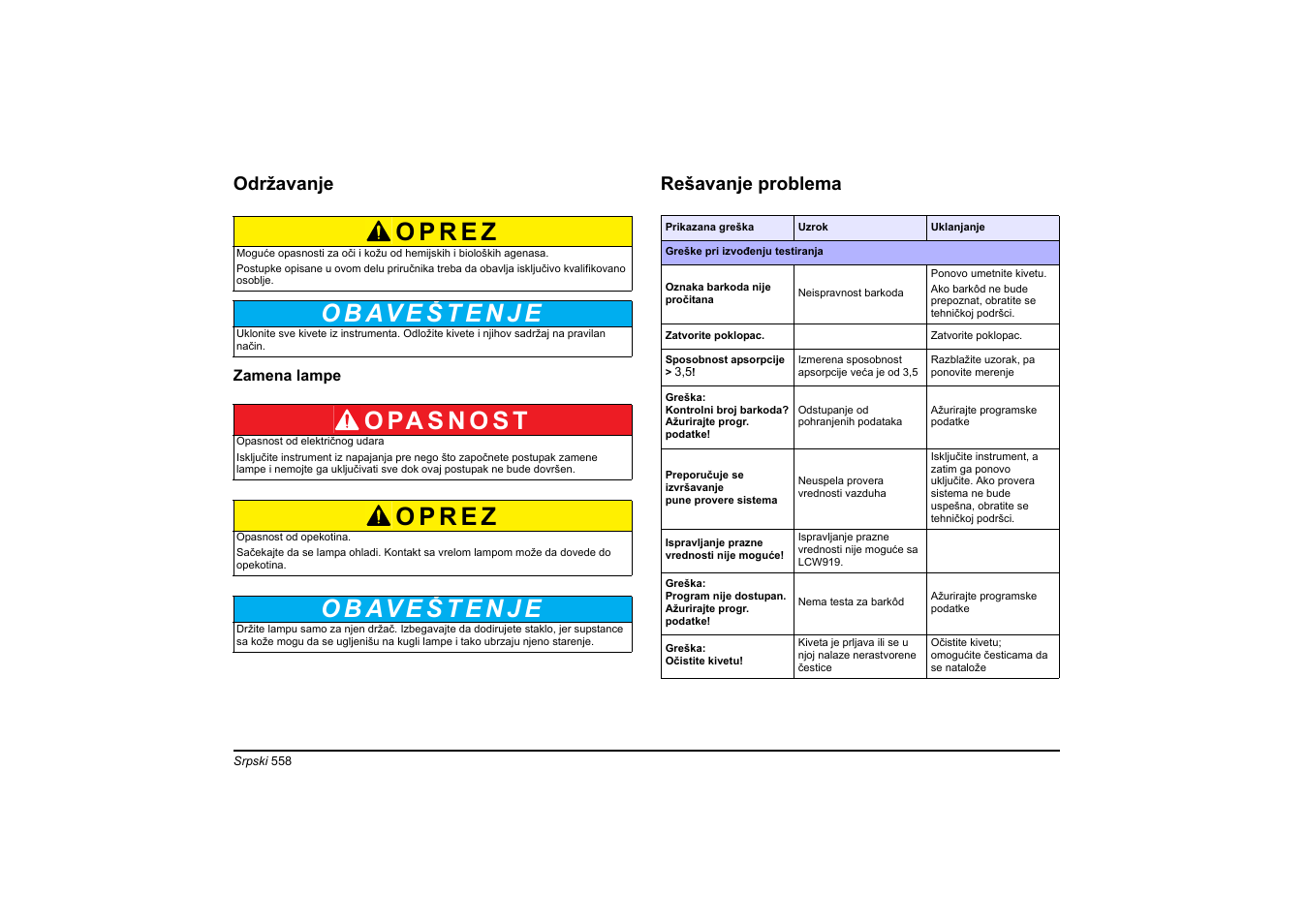 Održavanje, Rešavanje problema | Hach-Lange DR 6000 Basic User Manual User Manual | Page 558 / 618