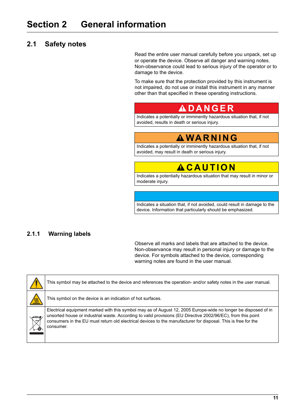 Section 2 general information, 1 safety notes, 1 warning labels | Hach-Lange DR 6000 User Manual User Manual | Page 11 / 158