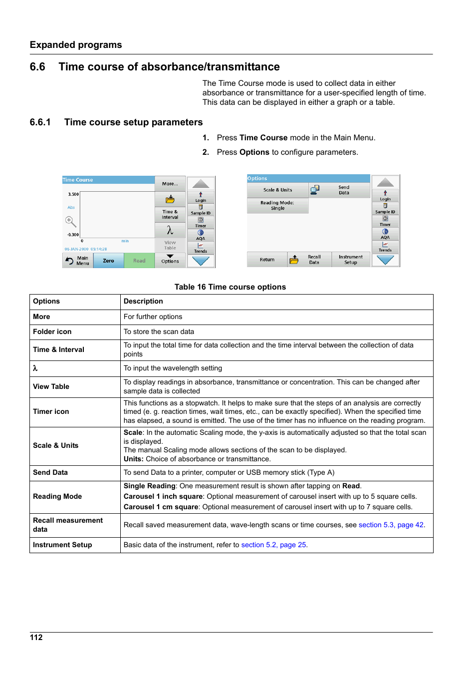 6 time course of absorbance/transmittance, 1 time course setup parameters, Expanded programs | Hach-Lange DR 6000 User Manual User Manual | Page 112 / 158