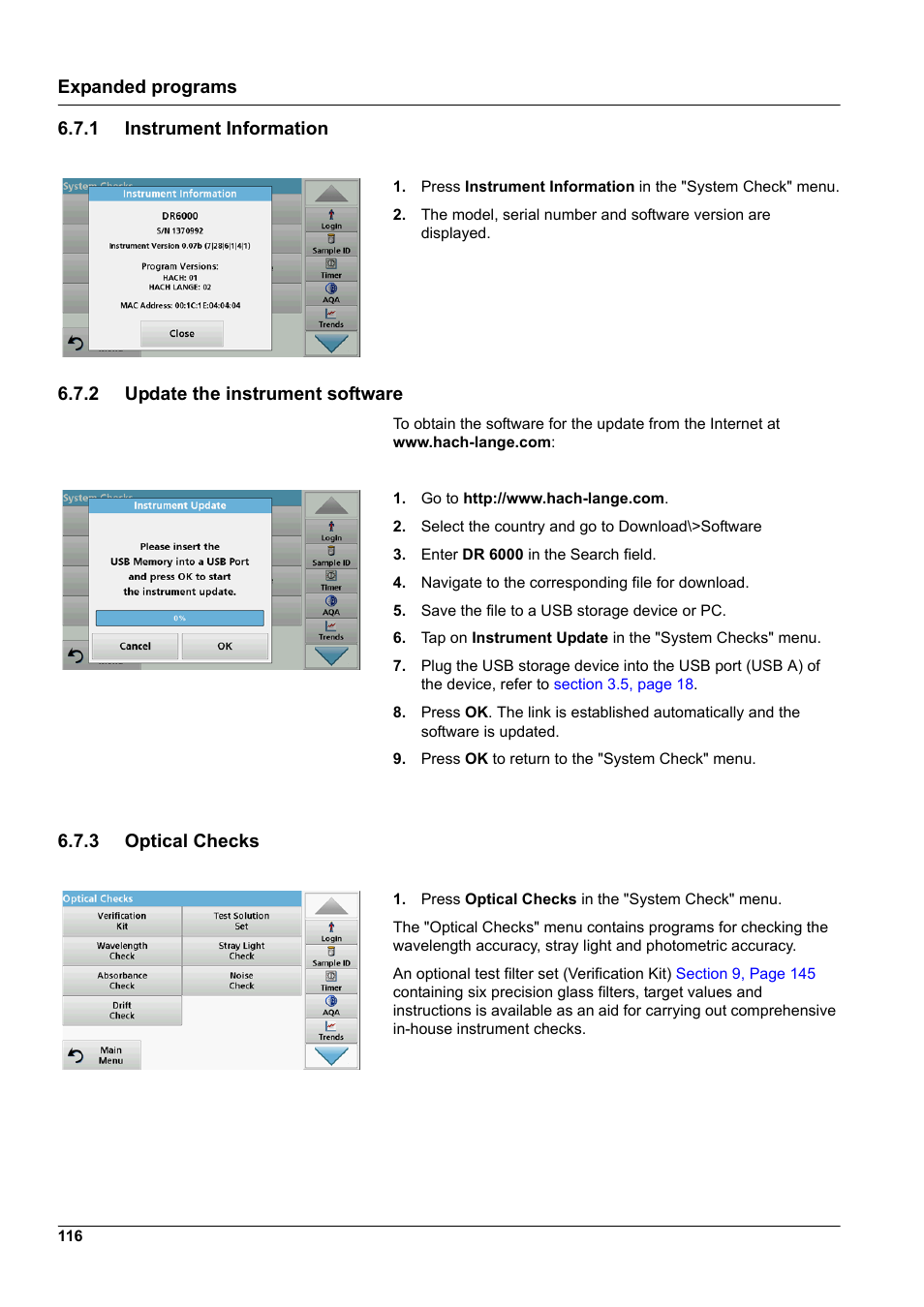 1 instrument information, 2 update the instrument software, 3 optical checks | Hach-Lange DR 6000 User Manual User Manual | Page 116 / 158