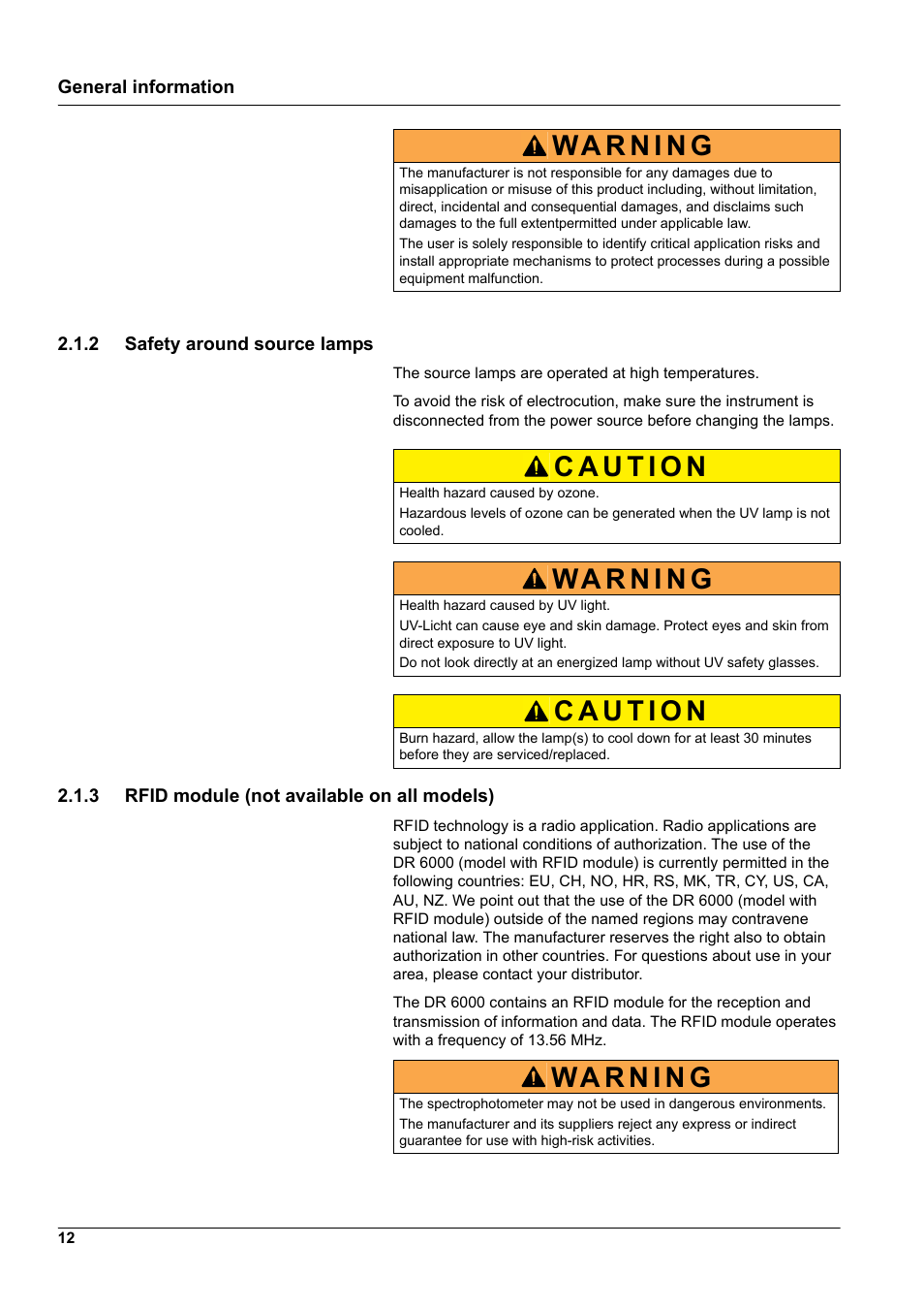 2 safety around source lamps, 3 rfid module (not available on all models) | Hach-Lange DR 6000 User Manual User Manual | Page 12 / 158
