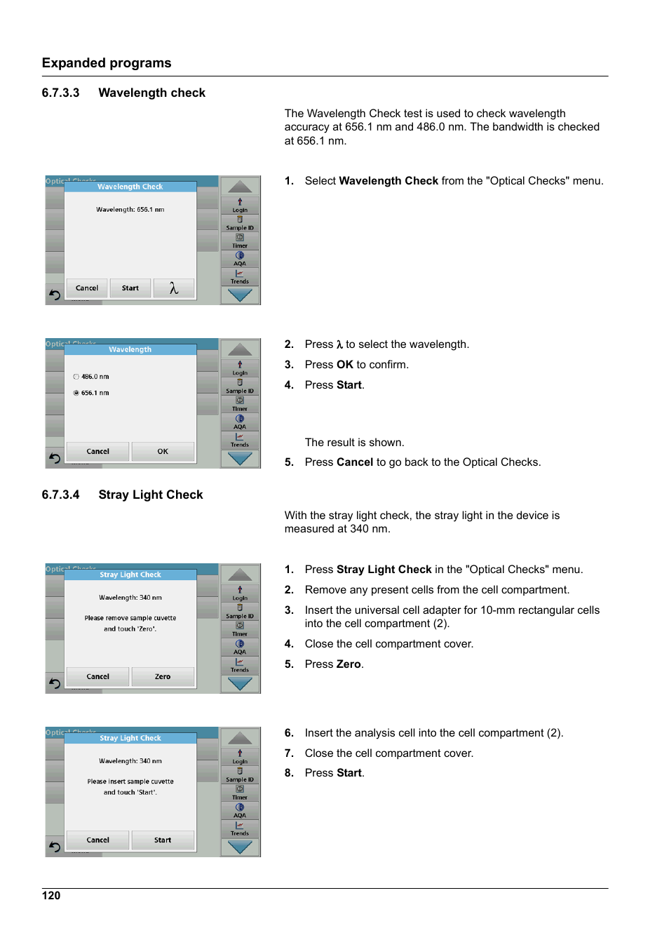 3 wavelength check, 4 stray light check, 3 wavelength check 6.7.3.4 stray light check | Expanded programs | Hach-Lange DR 6000 User Manual User Manual | Page 120 / 158
