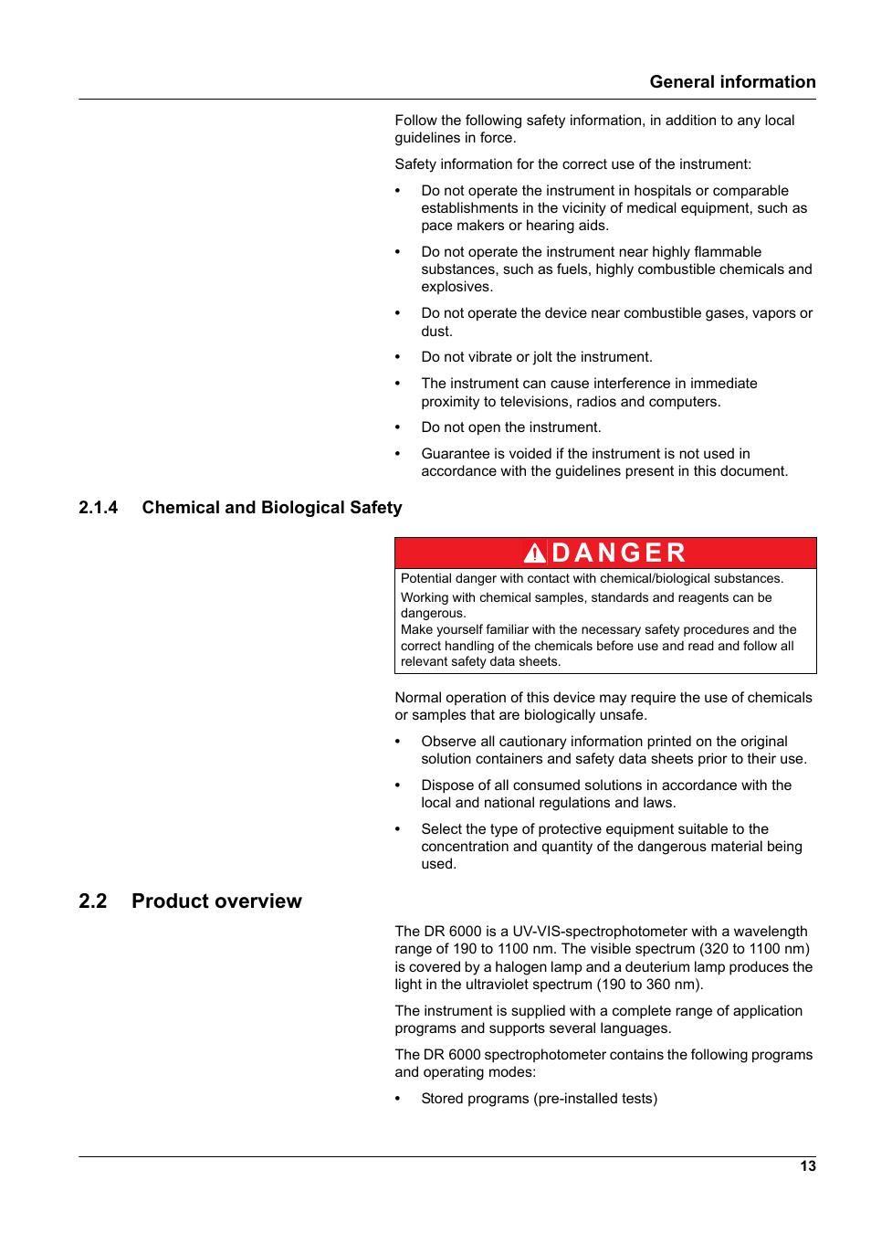 4 chemical and biological safety, 2 product overview | Hach-Lange DR 6000 User Manual User Manual | Page 13 / 158