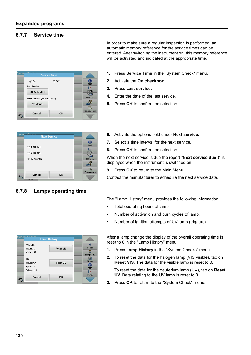 7 service time, 8 lamps operating time, 7 service time 6.7.8 lamps operating time | Hach-Lange DR 6000 User Manual User Manual | Page 130 / 158