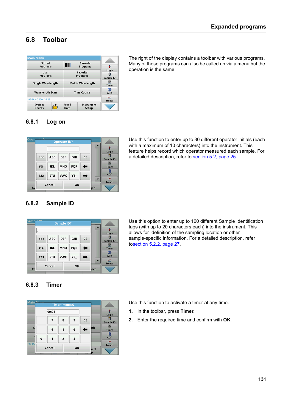 8 toolbar, 1 log on, 2 sample id | 3 timer, 1 log on 6.8.2 sample id 6.8.3 timer | Hach-Lange DR 6000 User Manual User Manual | Page 131 / 158