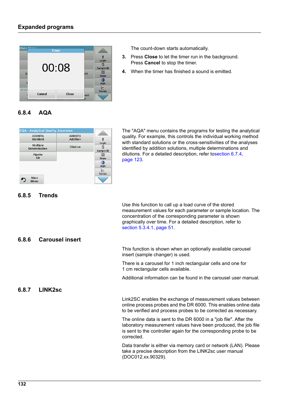 4 aqa, 5 trends, 6 carousel insert | 7 link2sc | Hach-Lange DR 6000 User Manual User Manual | Page 132 / 158