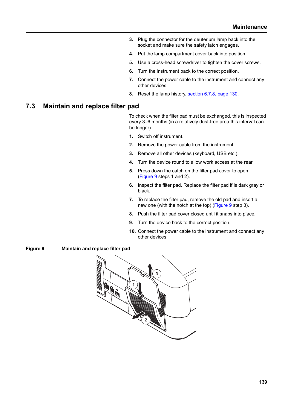 3 maintain and replace filter pad, Maintenance | Hach-Lange DR 6000 User Manual User Manual | Page 139 / 158
