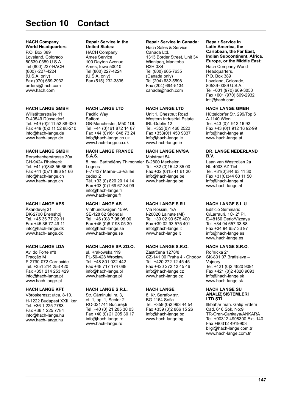 Section 10 contact | Hach-Lange DR 6000 User Manual User Manual | Page 147 / 158
