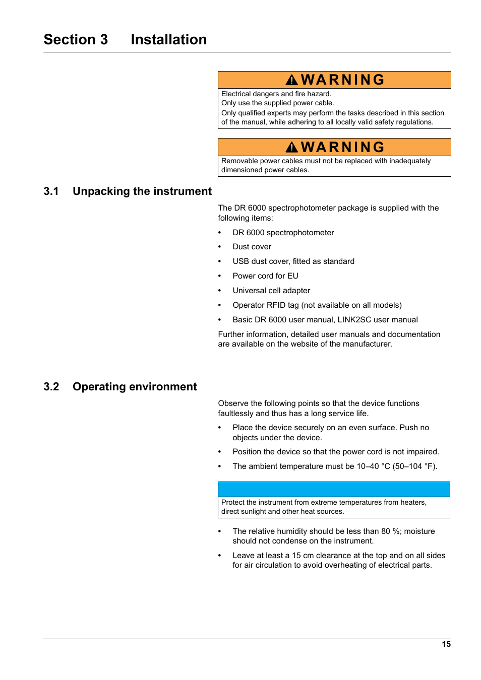 Section 3 installation, 1 unpacking the instrument, 2 operating environment | Hach-Lange DR 6000 User Manual User Manual | Page 15 / 158