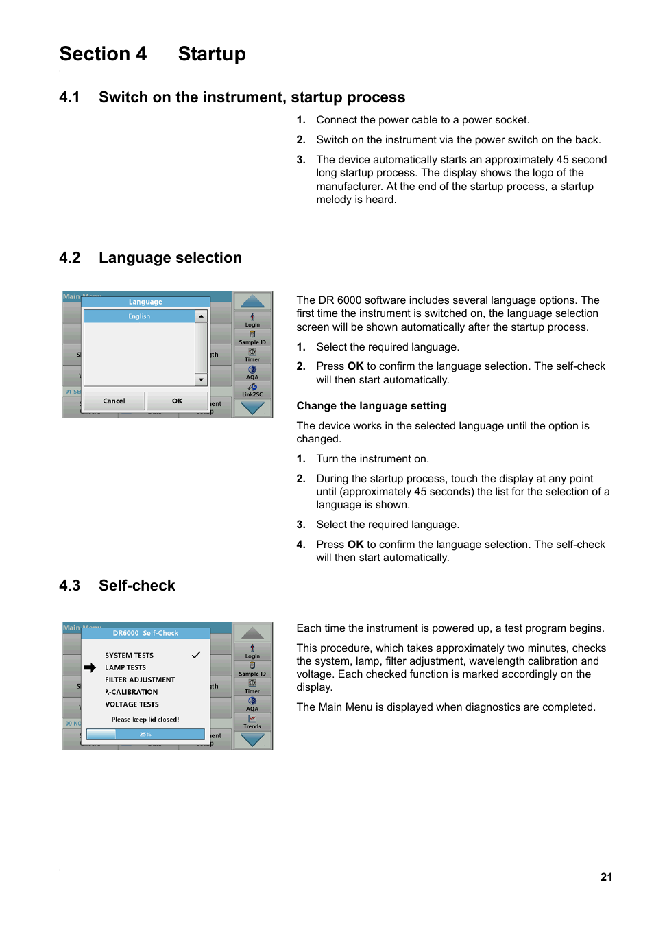 Section 4 startup, 1 switch on the instrument, startup process, 2 language selection | 3 self-check | Hach-Lange DR 6000 User Manual User Manual | Page 21 / 158