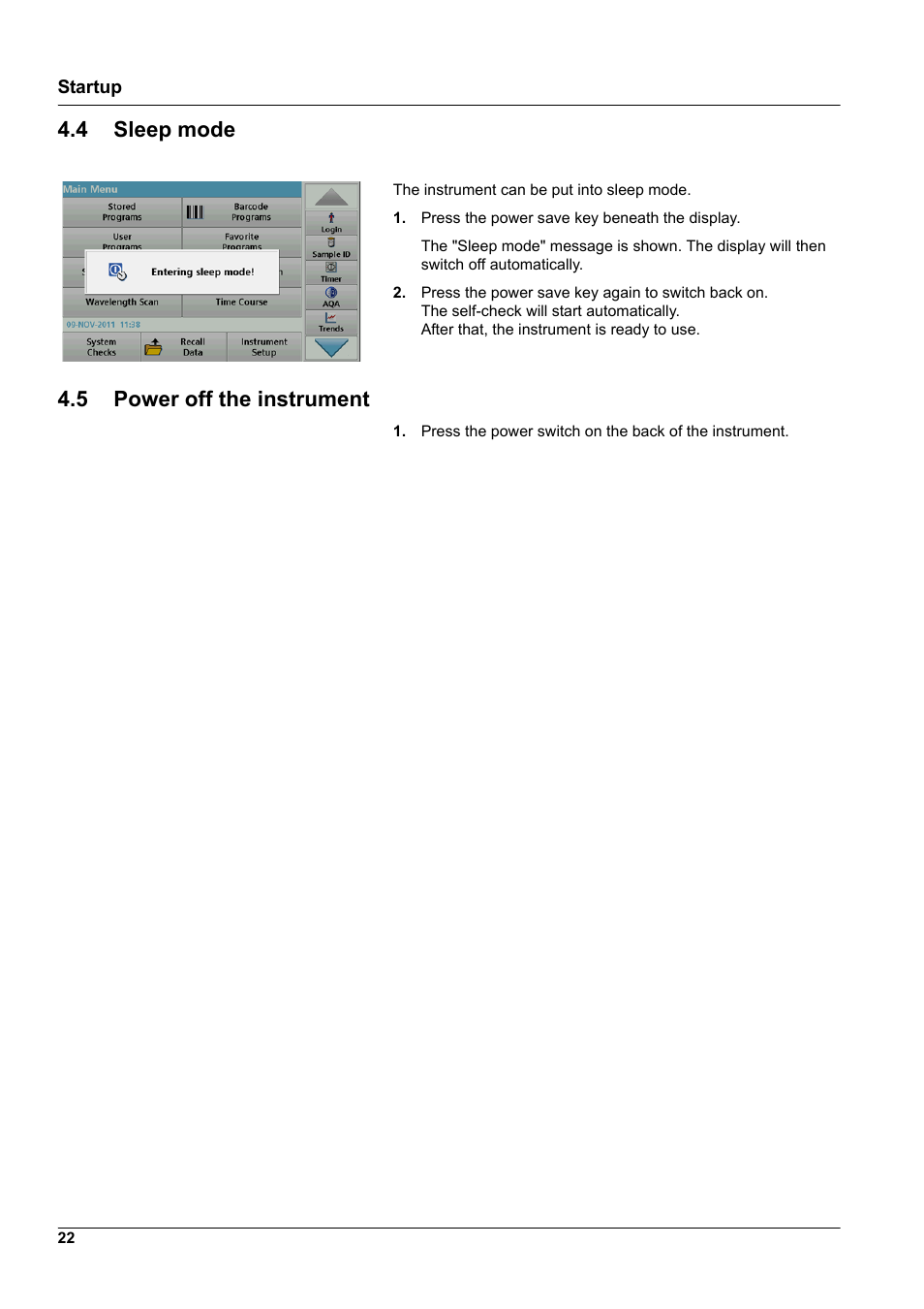 4 sleep mode, 5 power off the instrument, 4 sleep mode 4.5 power off the instrument | Hach-Lange DR 6000 User Manual User Manual | Page 22 / 158