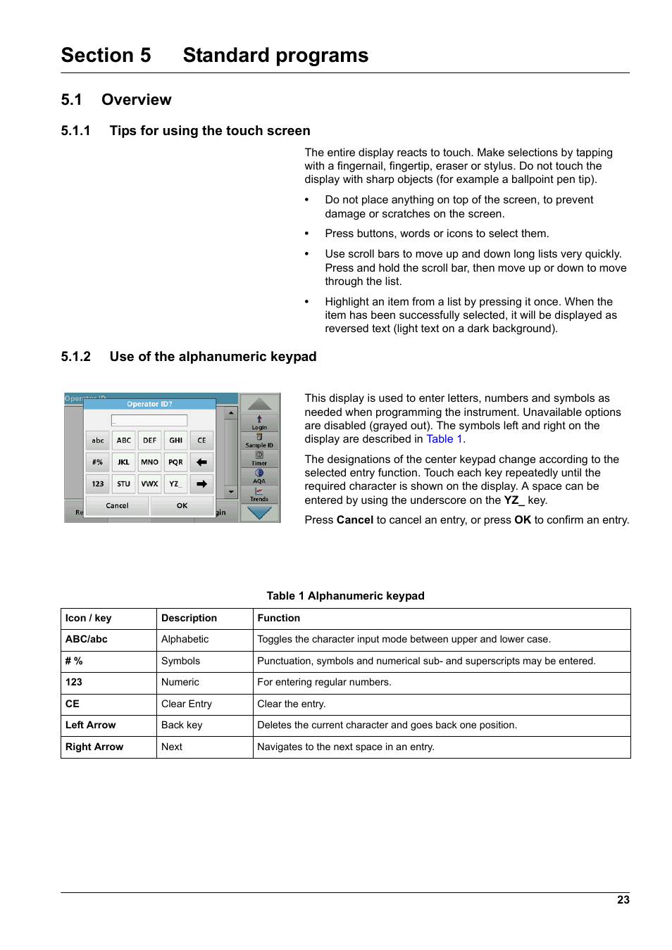 Section 5 standard programs, 1 overview, 1 tips for using the touch screen | 2 use of the alphanumeric keypad | Hach-Lange DR 6000 User Manual User Manual | Page 23 / 158