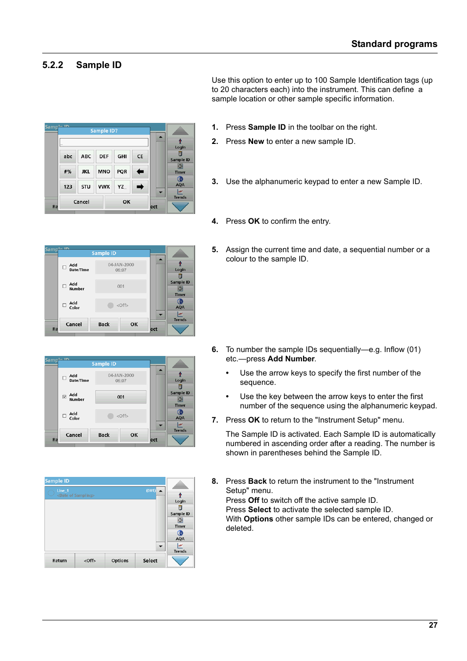 2 sample id, Standard programs 5.2.2 sample id | Hach-Lange DR 6000 User Manual User Manual | Page 27 / 158