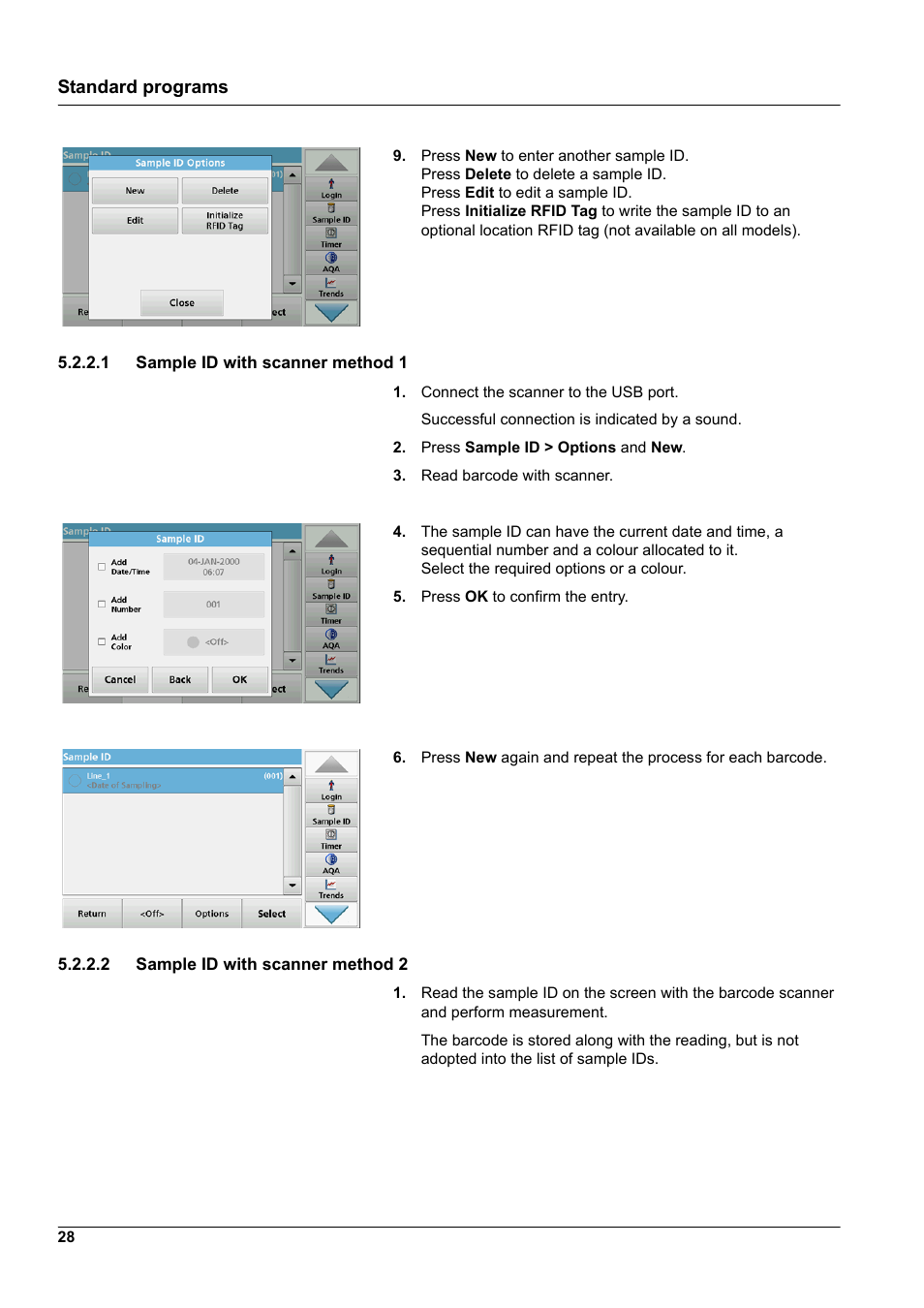 1 sample id with scanner method 1, 2 sample id with scanner method 2, Standard programs | Hach-Lange DR 6000 User Manual User Manual | Page 28 / 158